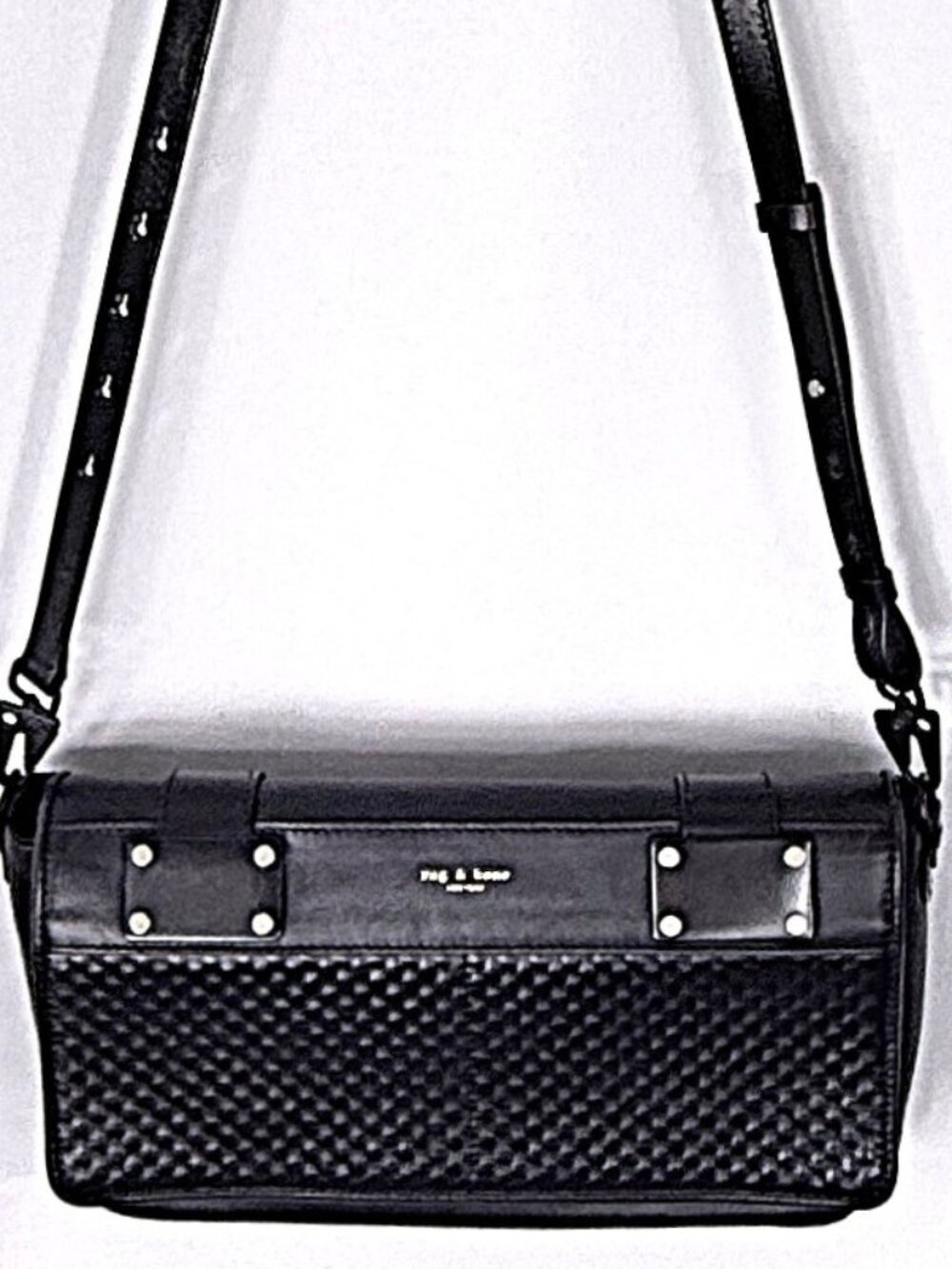 Rag & Bone Black Woven Leather Pilot Medium Crossbody Flap Satchel Bag